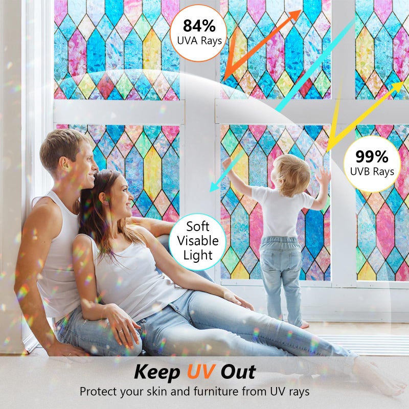 Kromapolis Stained Glass Window Film, Rainbow Lattice Window Clings, Window Privacy Film Static Clings 3D Decorative Colorful Glass Decals, Sun Catcher Sticker Non-Adhesive, 17.5 x 78.7 inches - Image 3