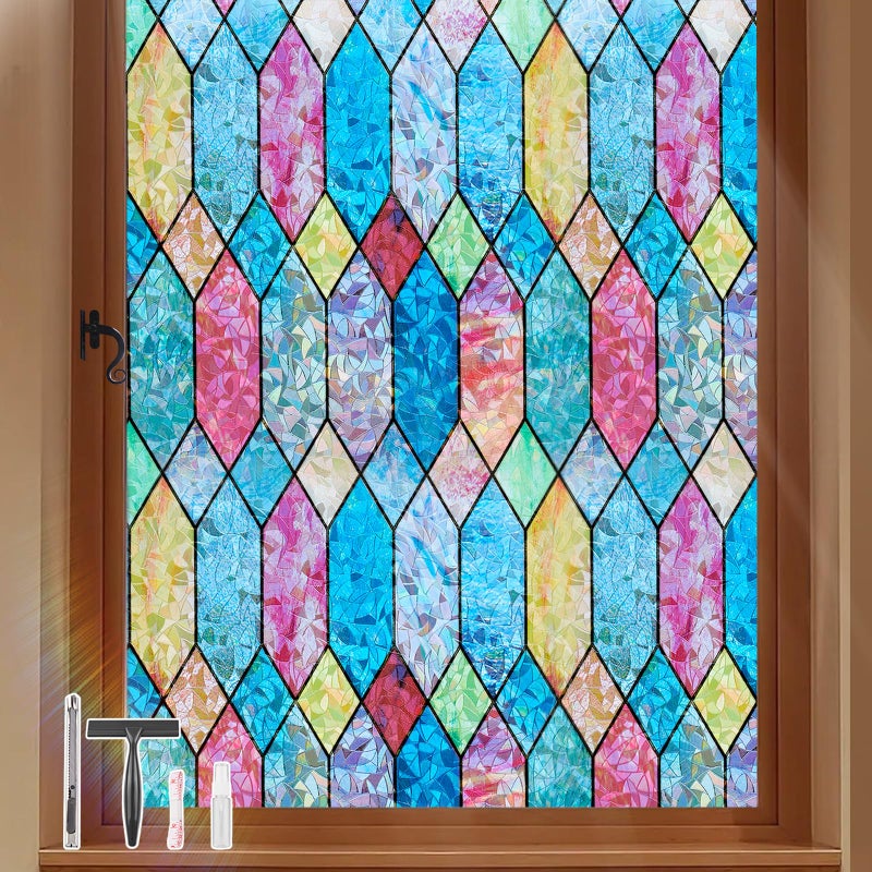 Kromapolis Stained Glass Window Film, Rainbow Lattice Window Clings, Window Privacy Film Static Clings 3D Decorative Colorful Glass Decals, Sun Catcher Sticker Non-Adhesive, 17.5 x 78.7 inches - Image 1