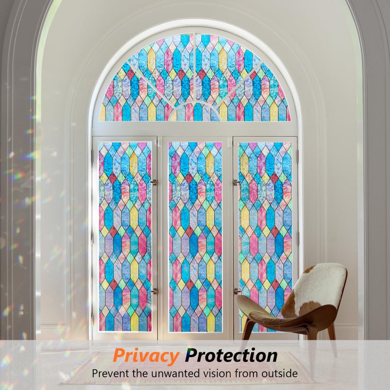 Kromapolis Stained Glass Window Film, Rainbow Lattice Window Clings, Window Privacy Film Static Clings 3D Decorative Colorful Glass Decals, Sun Catcher Sticker Non-Adhesive, 17.5 x 78.7 inches - Image 4