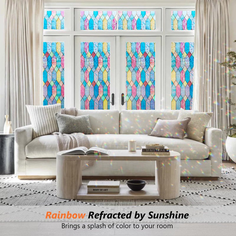Kromapolis Stained Glass Window Film, Rainbow Lattice Window Clings, Window Privacy Film Static Clings 3D Decorative Colorful Glass Decals, Sun Catcher Sticker Non-Adhesive, 17.5 x 78.7 inches - Image 2