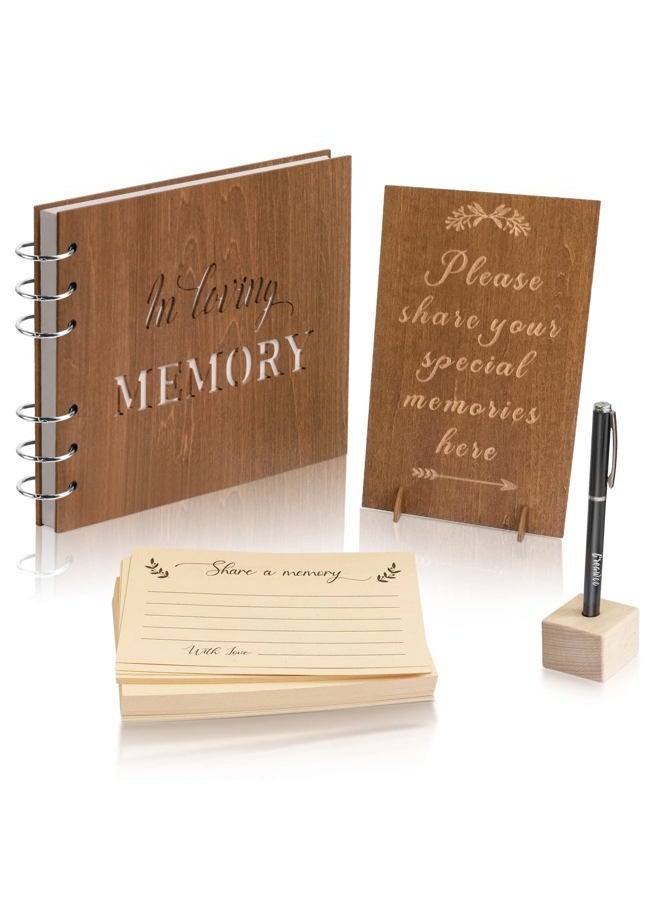 Creawoo Wooden Memorial Guest Book for Memorial Service, Celebration Decorations, Hardcover with Blank Pages, Memory Cards, Table Sign, Pen (8.5 inch) - Image 1