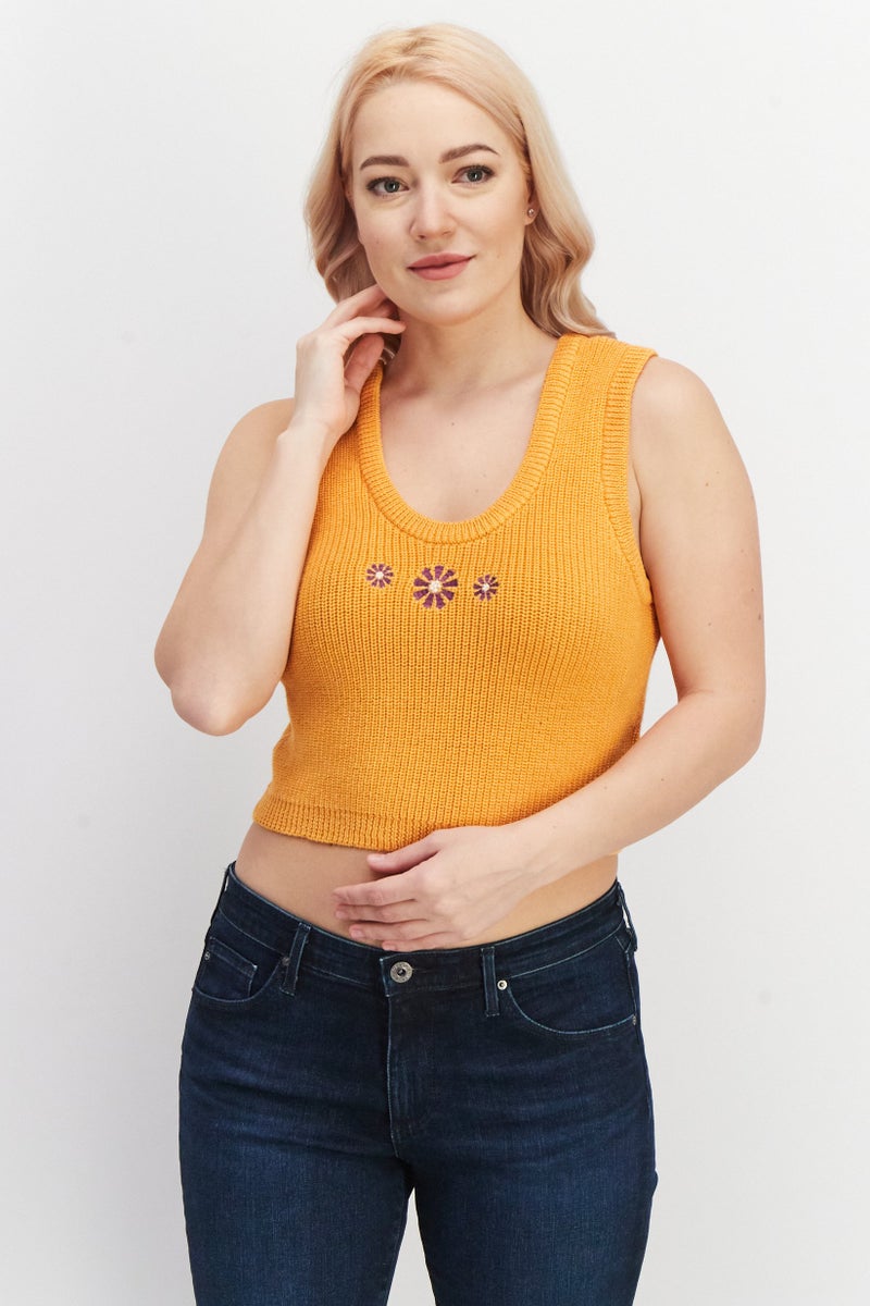 Daisy Street Women Round Neck Sleeveless Embroidered Crop Top, Orange - Image 1