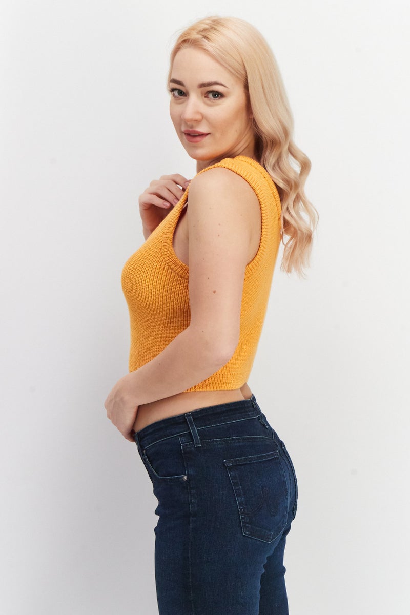 Daisy Street Women Round Neck Sleeveless Embroidered Crop Top, Orange - Image 3