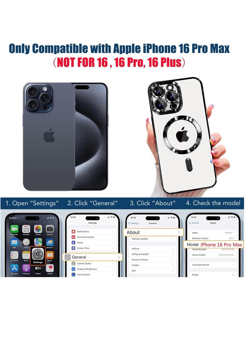 جراب مغناطيسي لهاتف iPhone 16 Pro مع MagSafe [لا يتحول إلى اللون الأصفر أبدًا] واقي كامل لعدسة الكاميرا مع طلاء شفاف ناعم لهاتف للنساء والفتيات مقاس 6.9 بوصة، أسود
