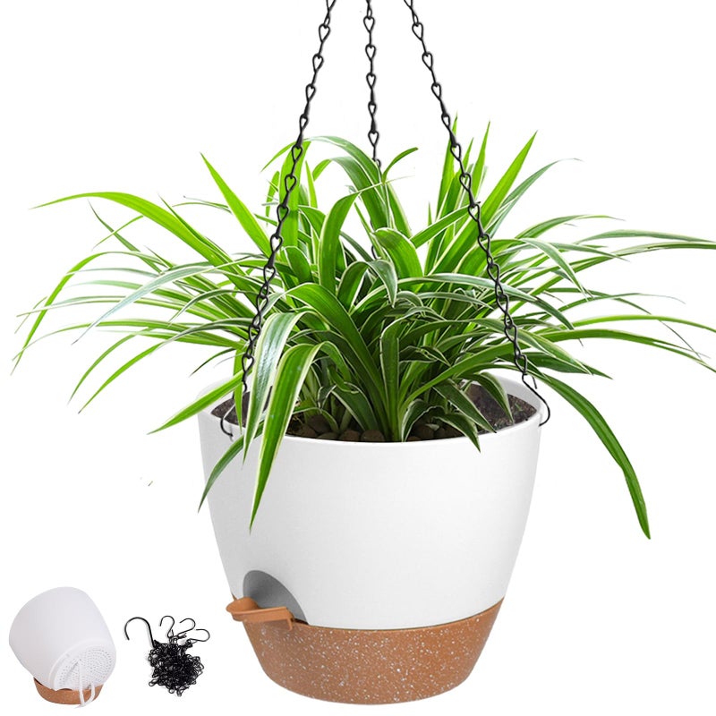 Vanslogreen Hanging Planters for Indoor Outdoor Plants 1 Set Self Watering Hanging Pot with Drainage Holes Removable Tray White12inch 12