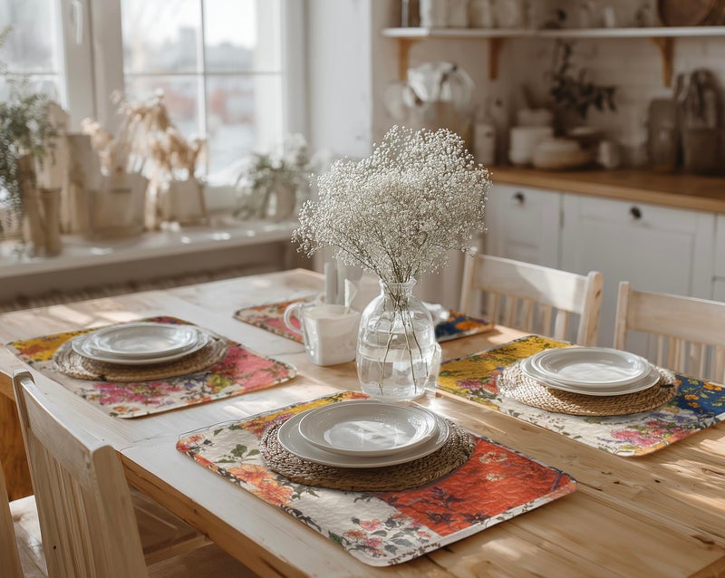ART Pinecone Patchwork Floral Quilted Placemats Set of 4 â€“ 13x19 Cotton Table Mats, Reversible Vintage Farmhouse Table Decor (4, Patchwork Floral Original) - Image 3