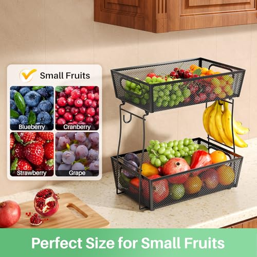SNTD 2 Tier Fruit Basket Bowl for Kitchen Counter with 2 Banana Hangers, Countertop Metal Mesh Basket Stand Fruit Holder for Veggies Onion Potato Bread Snack, Black - Image 4