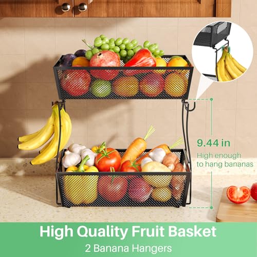 SNTD 2 Tier Fruit Basket Bowl for Kitchen Counter with 2 Banana Hangers, Countertop Metal Mesh Basket Stand Fruit Holder for Veggies Onion Potato Bread Snack, Black - Image 5