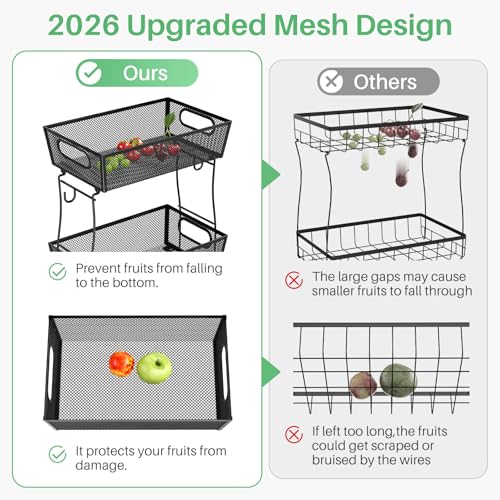 SNTD 2 Tier Fruit Basket Bowl for Kitchen Counter with 2 Banana Hangers, Countertop Metal Mesh Basket Stand Fruit Holder for Veggies Onion Potato Bread Snack, Black - Image 3