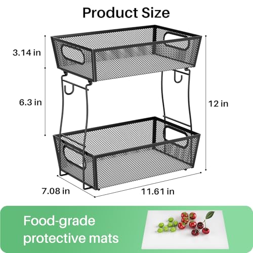 SNTD 2 Tier Fruit Basket Bowl for Kitchen Counter with 2 Banana Hangers, Countertop Metal Mesh Basket Stand Fruit Holder for Veggies Onion Potato Bread Snack, Black - Image 2