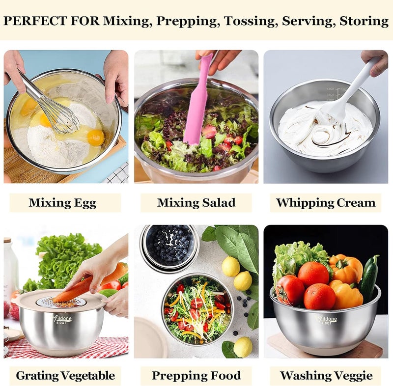 Wildone Mixing Bowls with Airtight Lids, 22 PCS Stainless Steel Nesting Bowls, with 3 Grater Attachments, Scale Marks & Non-Slip Bottom, Size 5, 4, 3, 2,1.5, 0.63QT, Ideal for Mixing & Prepping - Image 4