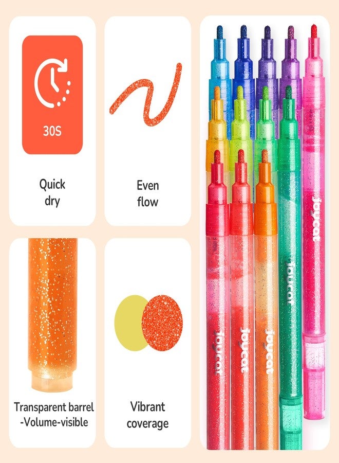 JoyCat 3mm Medium Tip Glitter Markers - 12 Vibrant Colors (Red to Pink) | 3ml High-Capacity Ink | Multi-Surface Paint Pens for Rock, Wood, Fabric, Glass | Gift for Kids DIY Crafts - Image 2