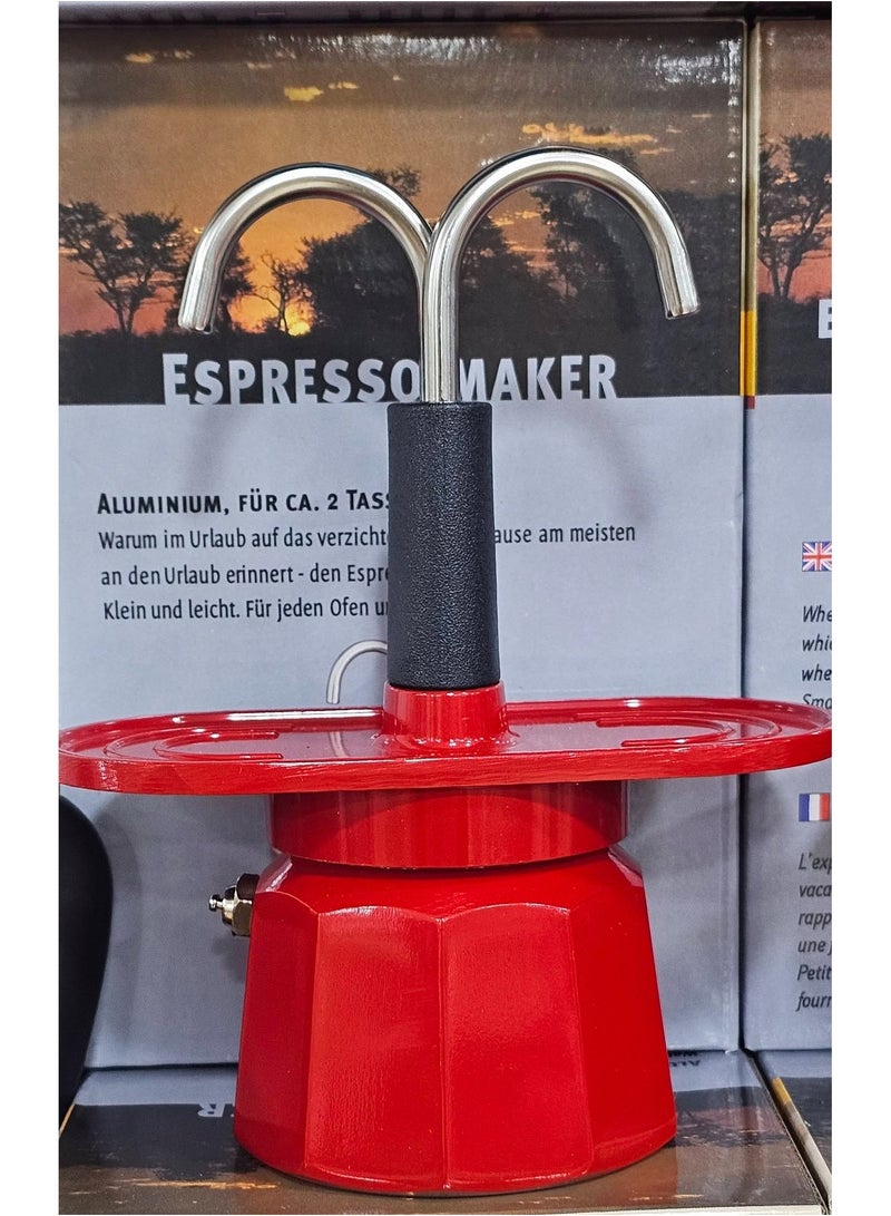 Moka pot for espresso preparation, 2-cup  capacity – made of aluminum. Red color – stovetop use – classic design with handle. - Image 2