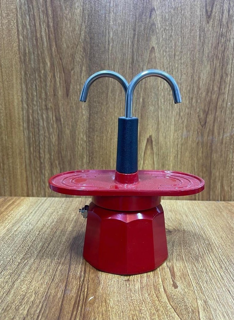 Moka pot for espresso preparation, 2-cup  capacity – made of aluminum. Red color – stovetop use – classic design with handle. - Image 3