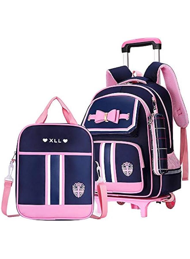 Bowknot Kids Girls Rolling Backpack Cute Carry-on Luggage with Wheels Trolly BookBag for School-6 Wheels - Image 1