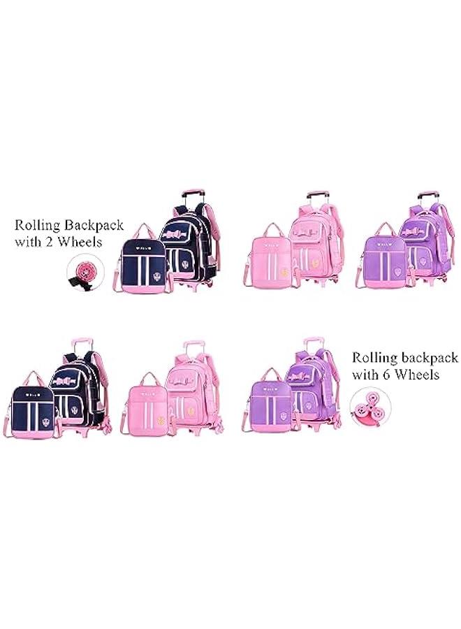 Bowknot Kids Girls Rolling Backpack Cute Carry-on Luggage with Wheels Trolly BookBag for School-6 Wheels - Image 2