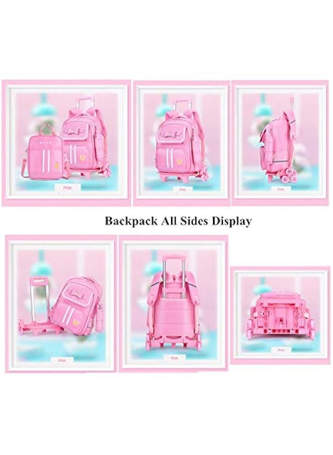 Bowknot Kids Girls Rolling Backpack Cute Carry-on Luggage with Wheels Trolly BookBag for School-6 Wheels - Image 3