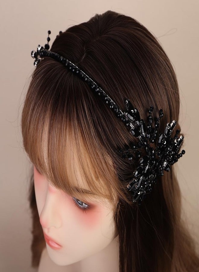 Rumtock Black Rhinestones Crown Wedding Women Hair Piece Handmade Crystal Silver Tiara (Black) - Image 5