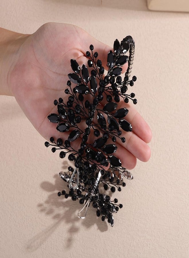 Rumtock Black Rhinestones Crown Wedding Women Hair Piece Handmade Crystal Silver Tiara (Black) - Image 3
