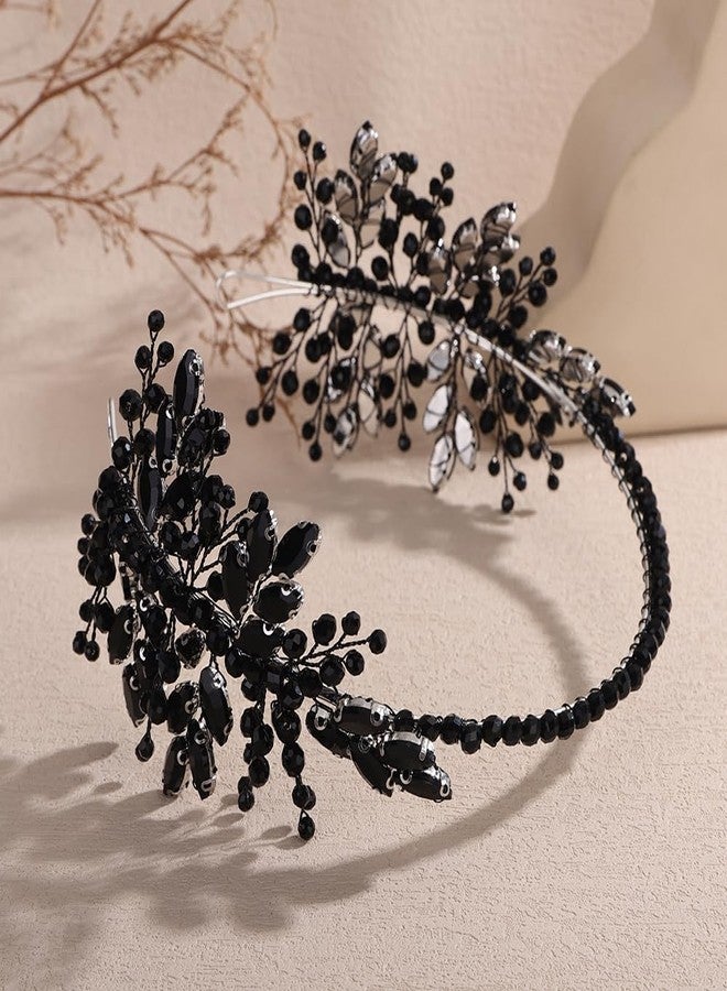 Rumtock Black Rhinestones Crown Wedding Women Hair Piece Handmade Crystal Silver Tiara (Black) - Image 2