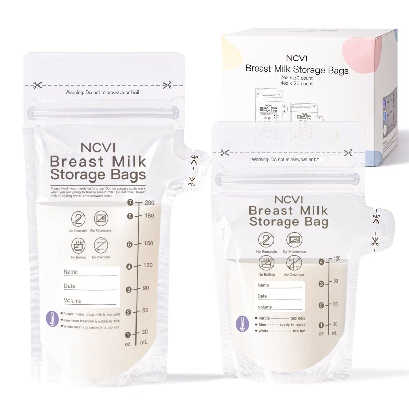 NCVI 4+7 oz Breastmilk Storage Bag Freezer for 0-3 Months, Breast Milk Feeding Bag with Temp-Sensing, Doubled-Sealed, Self Standing, Easy Pour Spout, BPA-Free, 4oz(70count)+7oz(30count) - Image 1