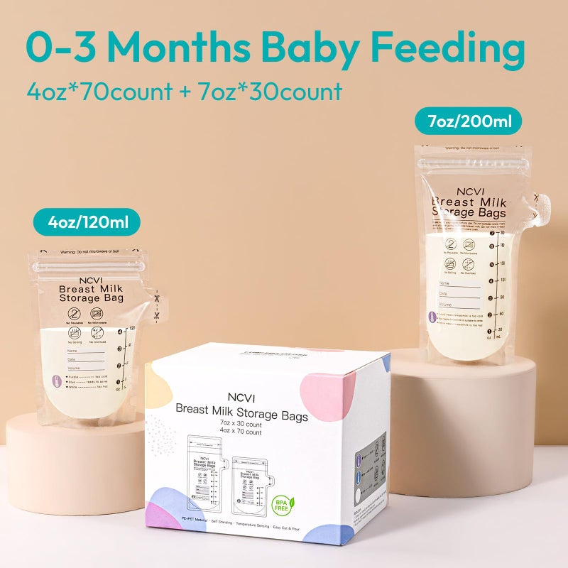 NCVI 4+7 oz Breastmilk Storage Bag Freezer for 0-3 Months, Breast Milk Feeding Bag with Temp-Sensing, Doubled-Sealed, Self Standing, Easy Pour Spout, BPA-Free, 4oz(70count)+7oz(30count) - Image 2