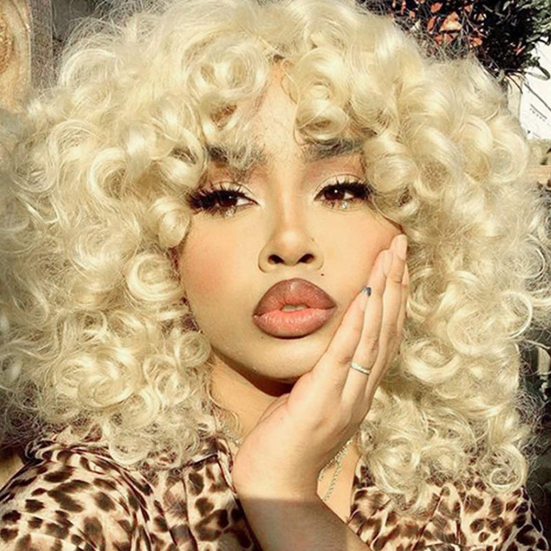 PHOENIXFLY Short Loose Curly Wigs Heat Resistant Fiber Fluffy Weave Curl Afro Synthetic Hair Wig Natural Daily Wigs for Black Women and White Women Breathable Rose Net Wig 613 Blonde