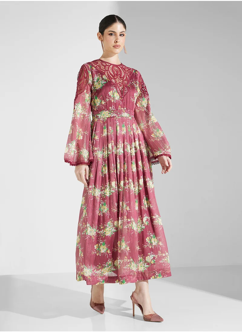 Threadz by Ajooni Lace Neck Cut Out Printed Dress