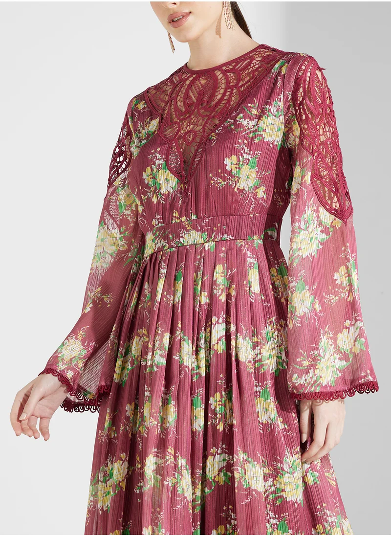 Threadz by Ajooni Lace Neck Cut Out Printed Dress