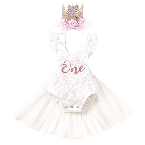 IMEKIS Onderful 1st Birthday Girl Outfit Cake Smash Boho Rainbow First Birthday Dress Princess Floral Party Lace Romper Mini Tutu Skirt Headband Summer Baby One Year Old Photoshoot White 1218 Months - Image 1