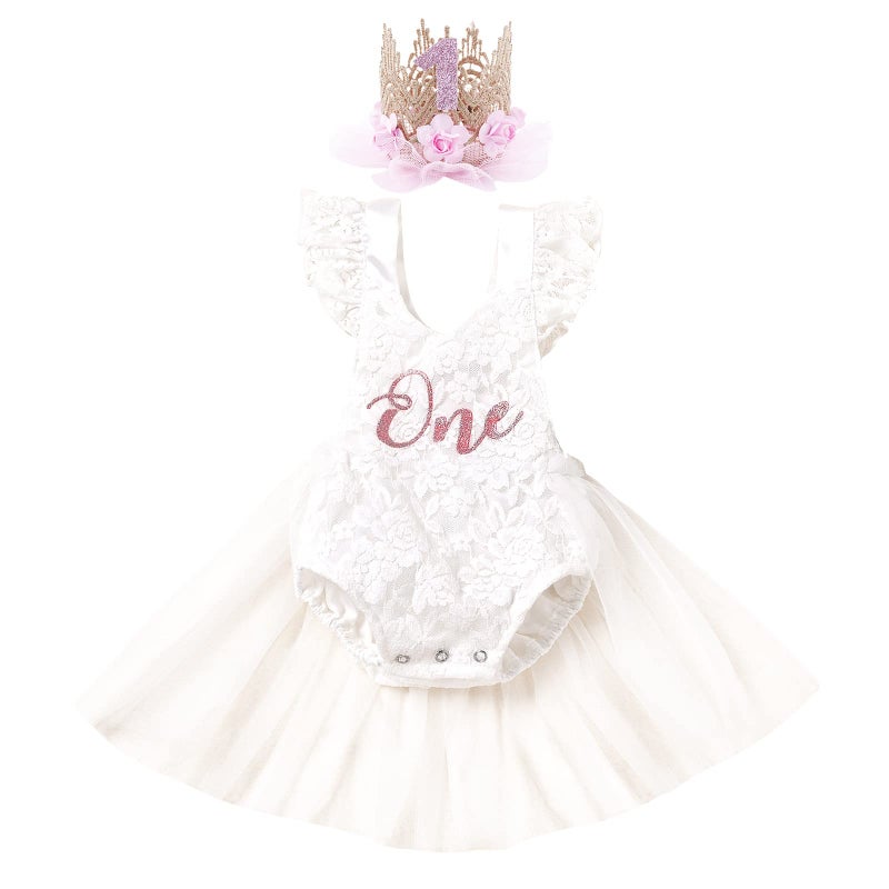 IMEKIS Onderful 1st Birthday Girl Outfit Cake Smash Boho Rainbow First Birthday Dress Princess Floral Party Lace Romper Mini Tutu Skirt Headband Summer Baby One Year Old Photoshoot White 1218 Months - Image 2