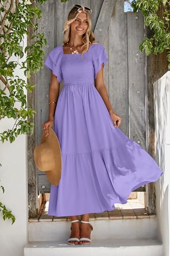 MASCOMODA Womens Summer Casual Midi Dress Square Neck Ruffle Short Sleeve Smocked High Waist A Line Wedding Guest Dresses(Purple,Small) - Image 2