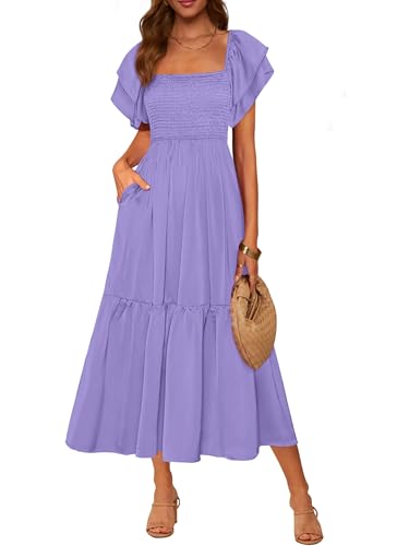 MASCOMODA Womens Summer Casual Midi Dress Square Neck Ruffle Short Sleeve Smocked High Waist A Line Wedding Guest Dresses(Purple,Small) - Image 1