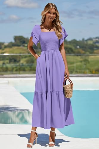 MASCOMODA Womens Summer Casual Midi Dress Square Neck Ruffle Short Sleeve Smocked High Waist A Line Wedding Guest Dresses(Purple,Small) - Image 4
