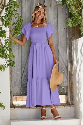 MASCOMODA Womens Summer Casual Midi Dress Square Neck Ruffle Short Sleeve Smocked High Waist A Line Wedding Guest Dresses(Purple,Small) - Image 3