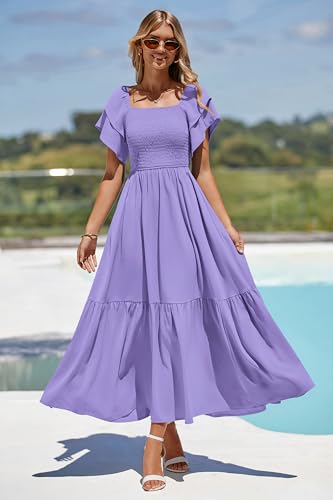 MASCOMODA Womens Summer Casual Midi Dress Square Neck Ruffle Short Sleeve Smocked High Waist A Line Wedding Guest Dresses(Purple,Small) - Image 5