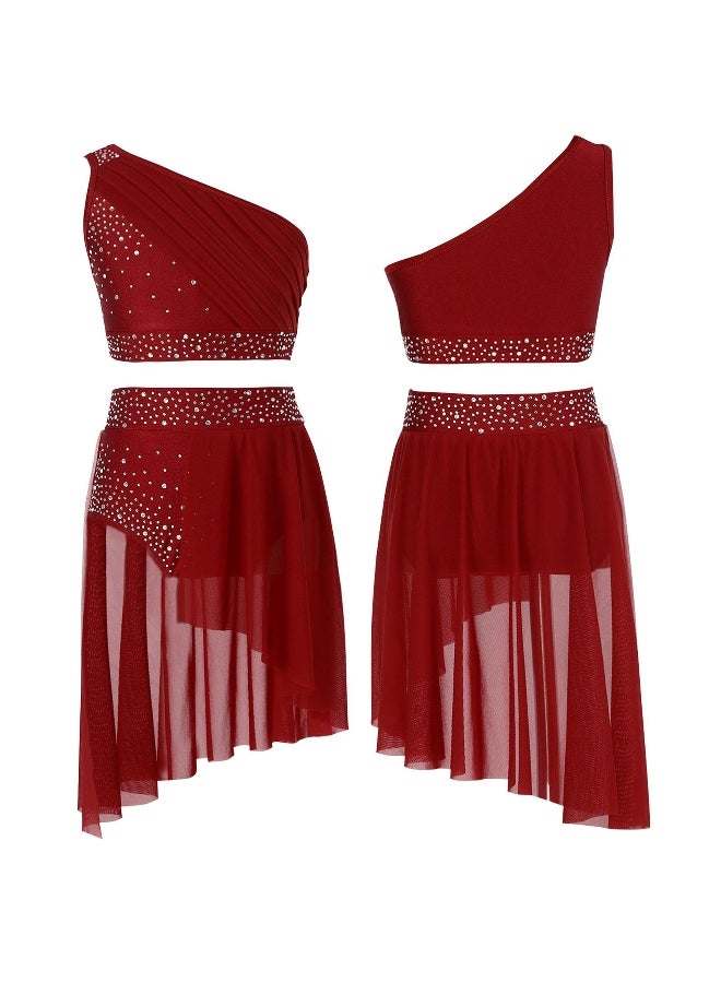 Kids Girls Lyrical Dance Outfit Set Overlay One Shoulder Crop Top with Skirted Briefs Rhinestone Sheer Mesh Dancewear Costume