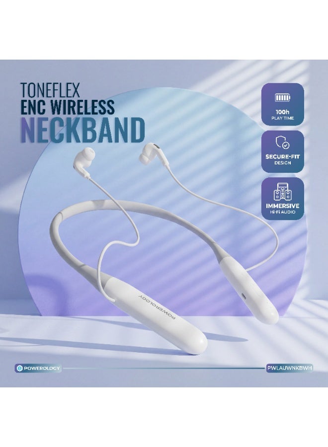 باورولوجي سماعات ToneFlex ENC حول الرقبة / سماعات رأس لاسلكية / سماعة رأس للمكالمات بدون استخدام اليدين / مساعد صوتي / مكالمات واضحة للغاية / مدة تشغيل تصل إلى 100 ساعة - أبيض - Image 2
