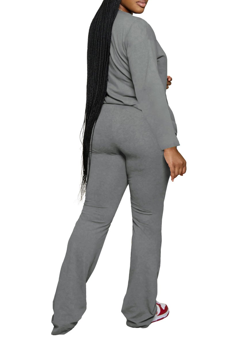 PINSV Womens 2 Piece Outfits Casual Sets Long Sleeve Top and Flare Pants Lounge Sets Tracksuit Grey M - Image 2