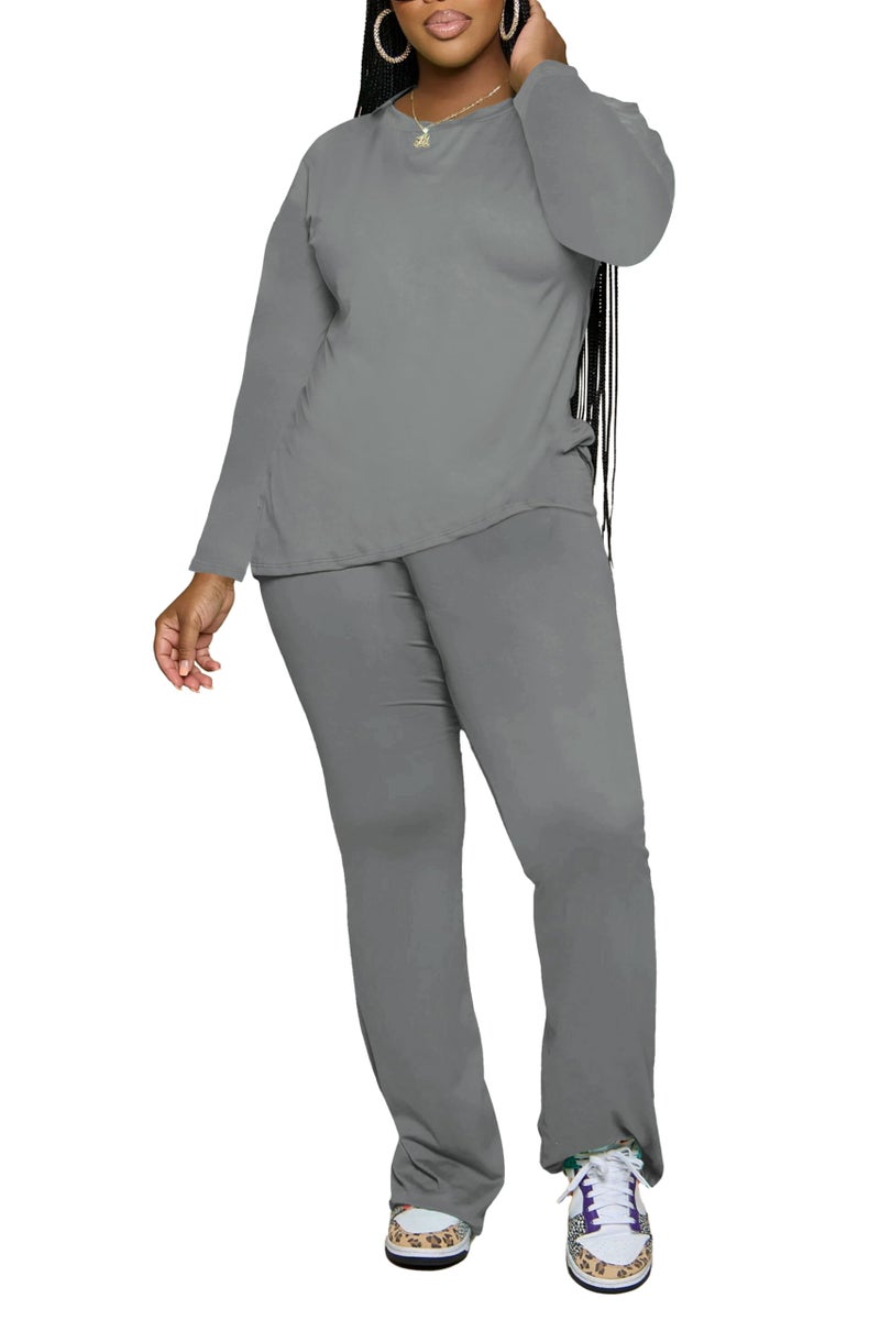 PINSV Womens 2 Piece Outfits Casual Sets Long Sleeve Top and Flare Pants Lounge Sets Tracksuit Grey M - Image 4