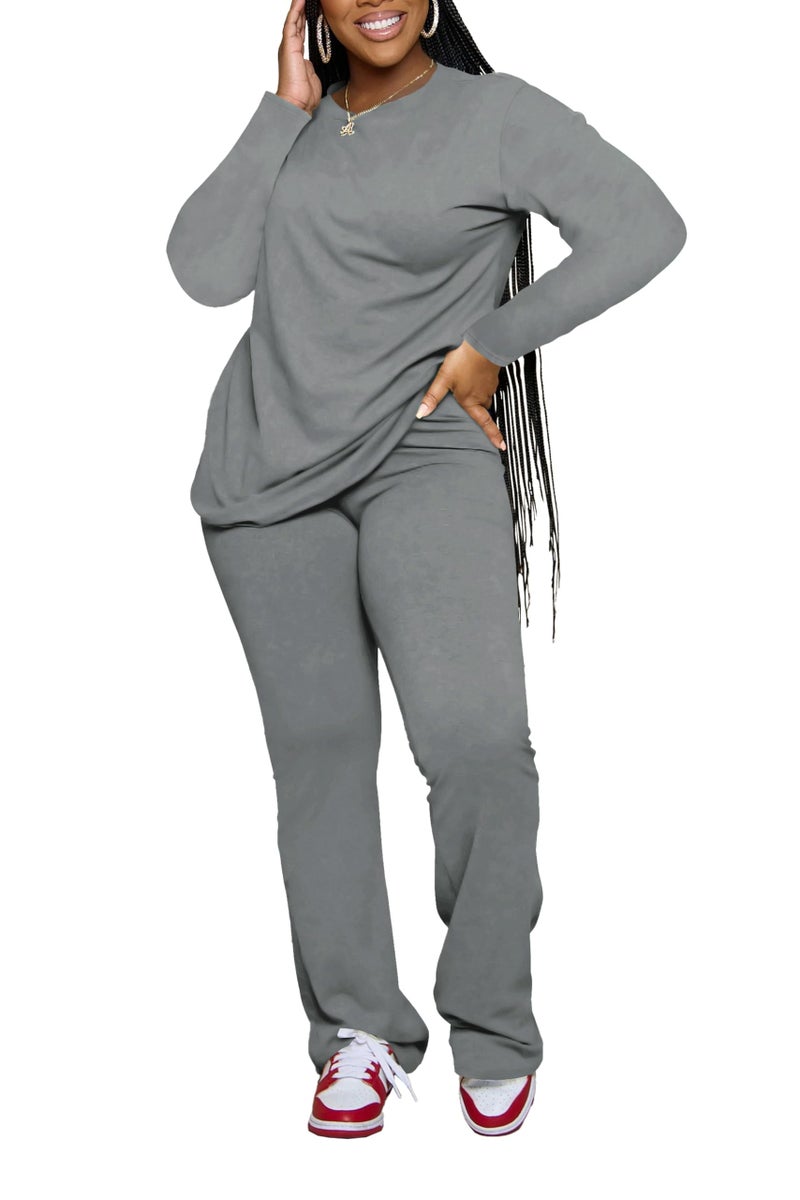 PINSV Womens 2 Piece Outfits Casual Sets Long Sleeve Top and Flare Pants Lounge Sets Tracksuit Grey M - Image 3