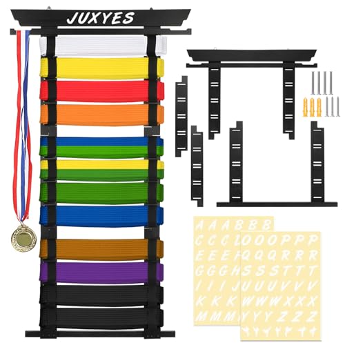 JUXYES Wall Hanging Martial Arts Belts Organizer for 8 12 Belts with Medal Hanger and Stickers, Bamboo Karate Belt Display Holder Rack, Taekwondo Belt Display Holder for Martial Arts Learners, Black - Image 1