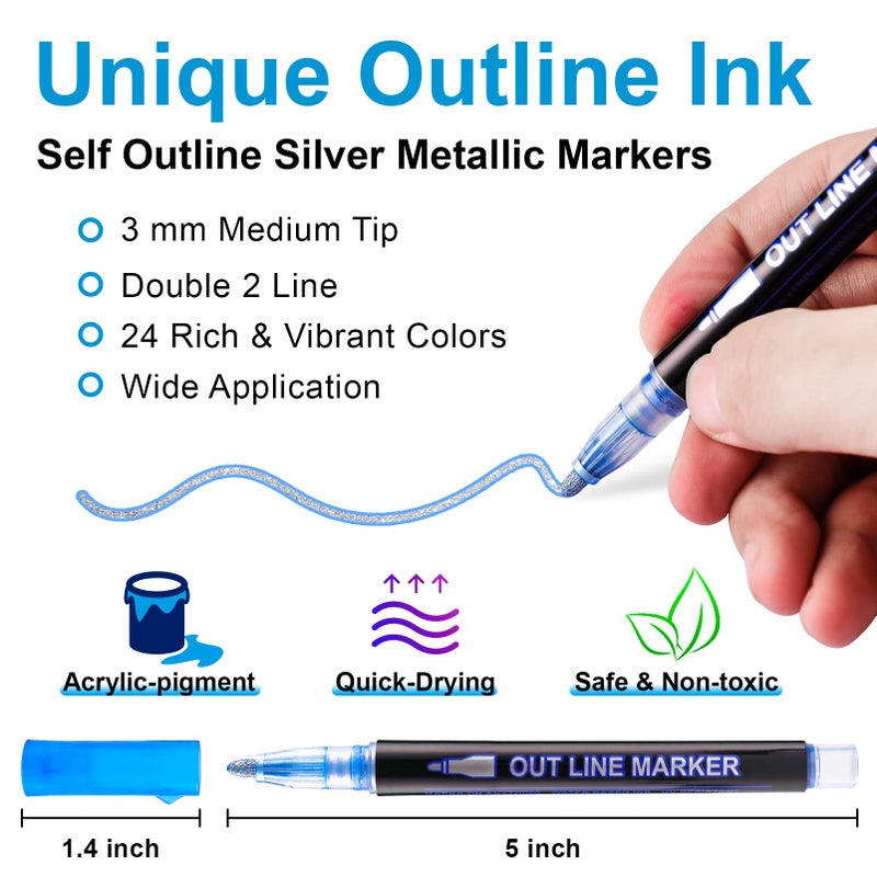 RIANCY Outline Metallic Markers Super Squiggles Markers 24 Colors Self Double Line Pen Outline Shimmer Pens for Art Drawing Christmas Greeting Cards Scrapbook Crafts Ceramic Glass Christmas Decor - Image 3