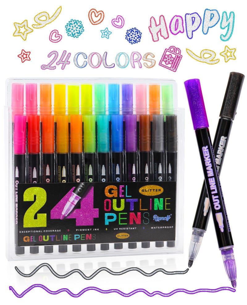 RIANCY Outline Metallic Markers Super Squiggles Markers 24 Colors Self Double Line Pen Outline Shimmer Pens for Art Drawing Christmas Greeting Cards Scrapbook Crafts Ceramic Glass Christmas Decor - Image 1