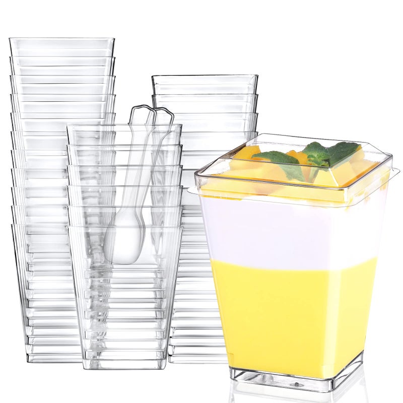 Eupako 100 Pack 5 oz Square Clear Plastic Dessert Cups with Lids and Spoons Small Clear Tumbler Cups Set Great for Desserts Appetizers Puddings Mousse