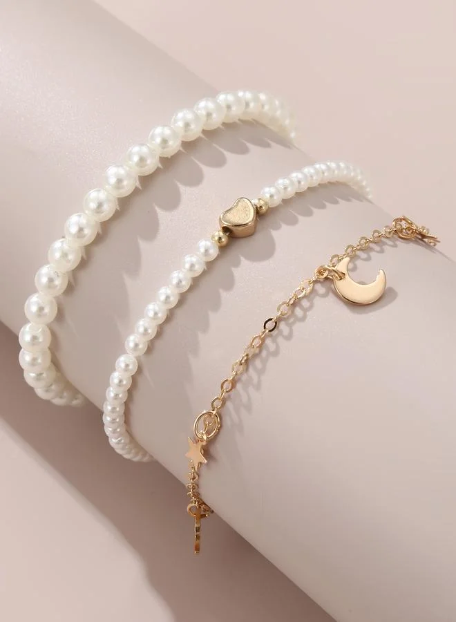 Pack of 3 - Girls Multi-Color Pearl and Charm Bracelet