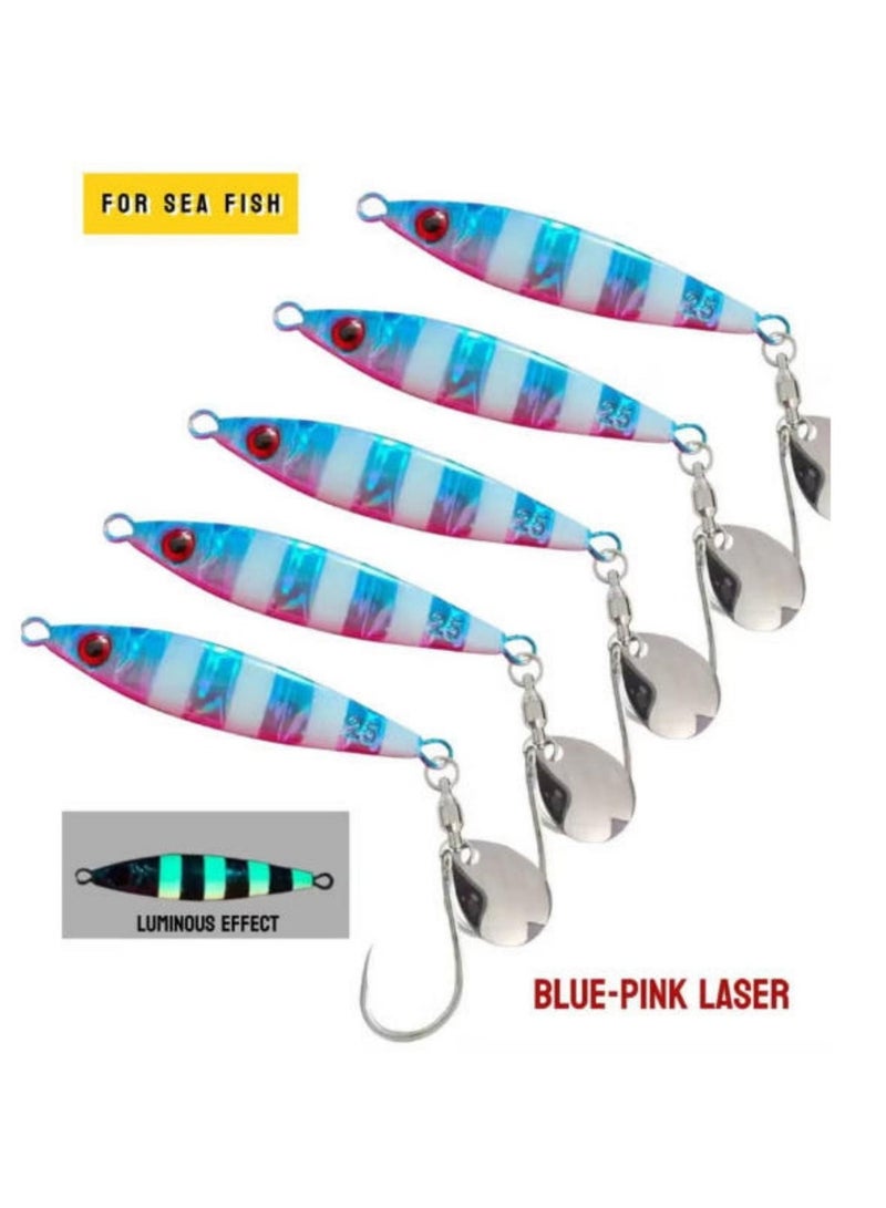 jingpin Hot Catch Model | Little Fatty 20g Fast-Sinking Metal Jig Lure - Blue-Pink Laser Glow-in-the-Dark UV Artificial Bait with Spinner Blade Hook, Specialized for Saltwater Fishing, Shore Cast Long-Distance Fishing Tackle, 5-Pack - Image 1