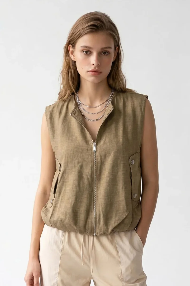 ميكسراي MIXRAY Women's Woven Poplin Waistcoat With Zip Front