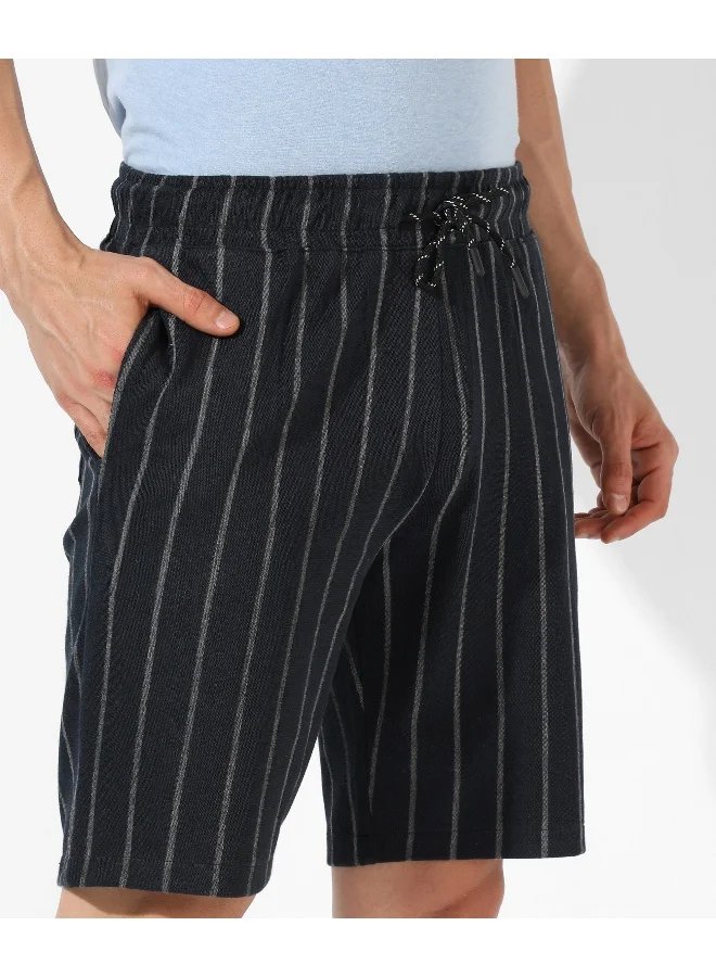 Campus Sutra Men's Black Striped Regular Fit Casual Shorts