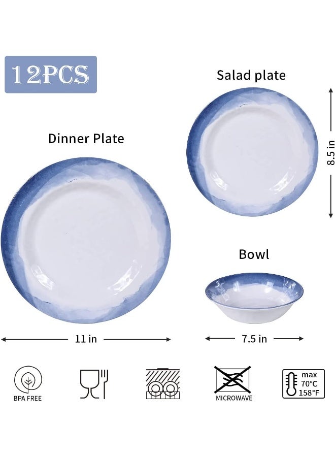 Lechoo Melamine Dinnerware Sets 12pcs Melamine Plates and Bowls Set for 4 Suitable for Indoor and Outdoor Use Blue - Image 2